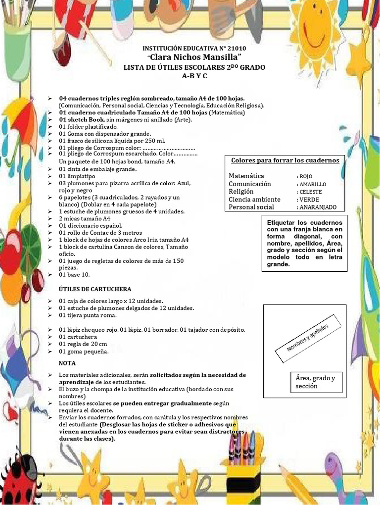 Útiles Escolares 2do Grado Clara Nichos | PDF | Diseño gráfico | Arco iris