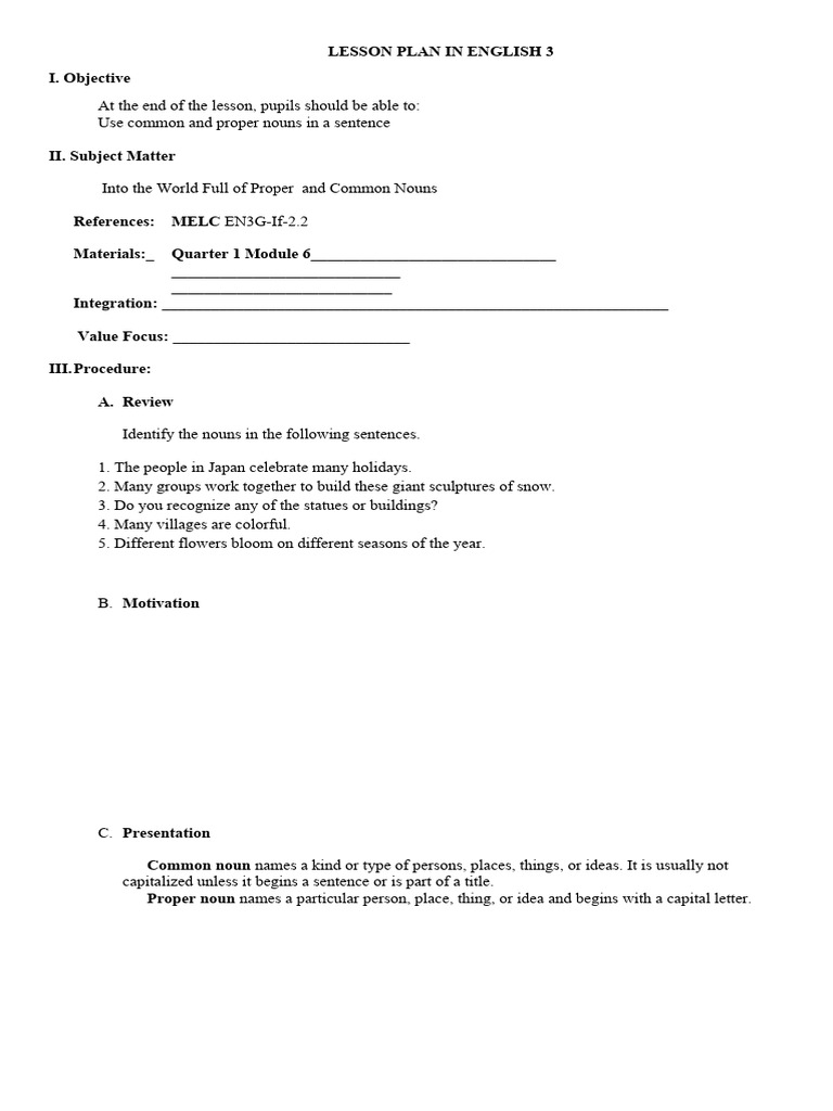 English 3 Lesson Plan: Nouns | PDF | Lesson Plan | Noun