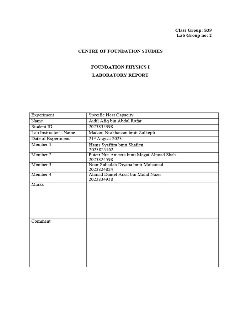 Lab Report Phy Specific Heat Capacity Aidil Afiq Pdf Heat