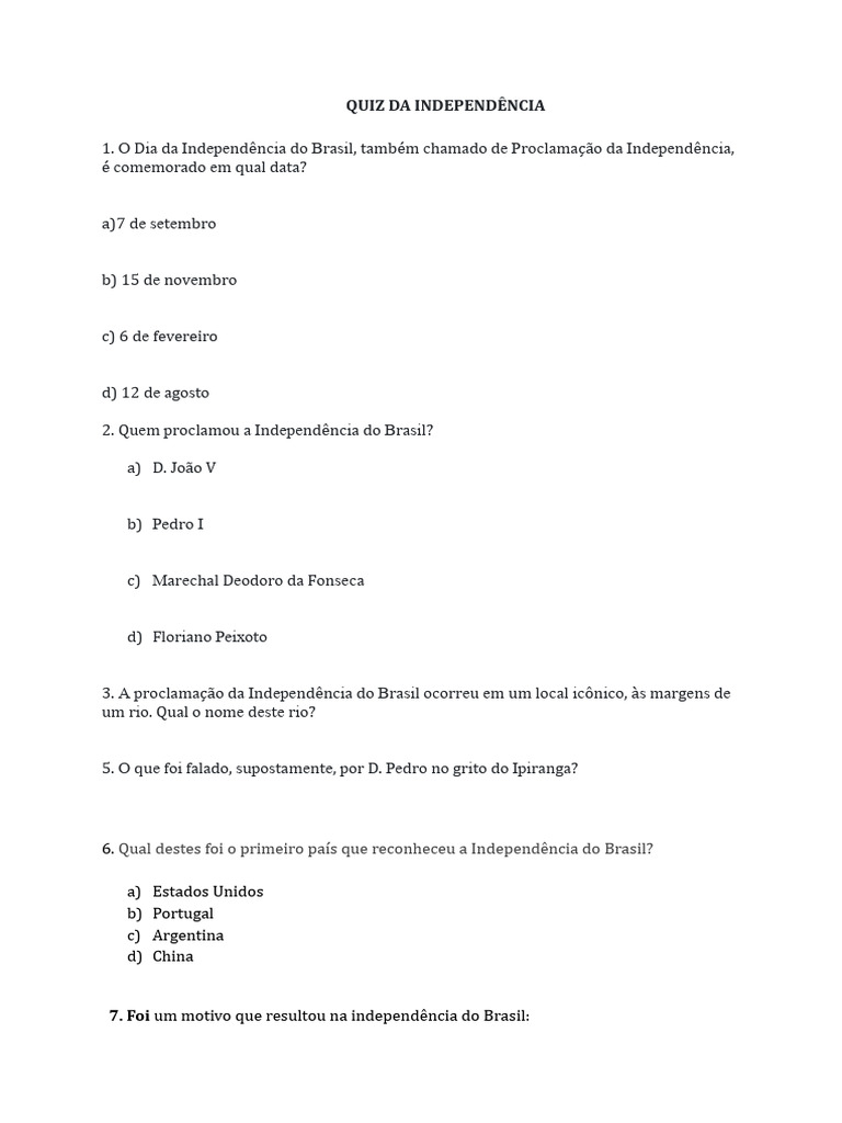 QUIZ INDEPENDÊNCIA DO BRASIL, Semana da Pátria