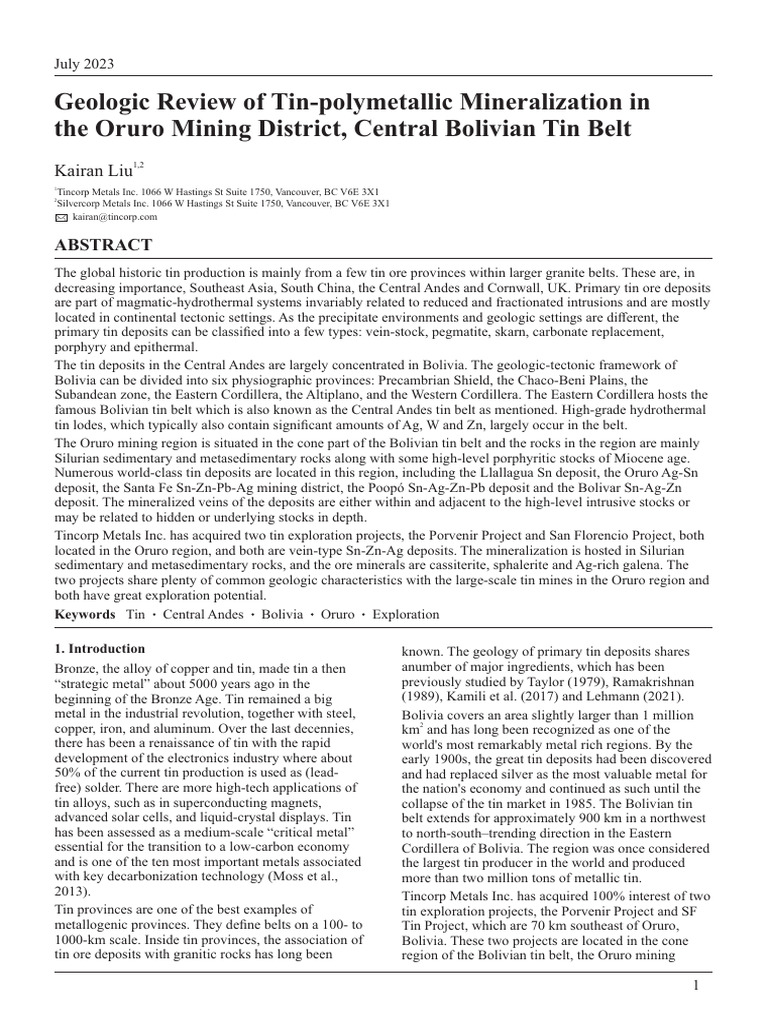 Geologic Review of Tin Polymetallic Mineralization | PDF | Andes | Rock ...