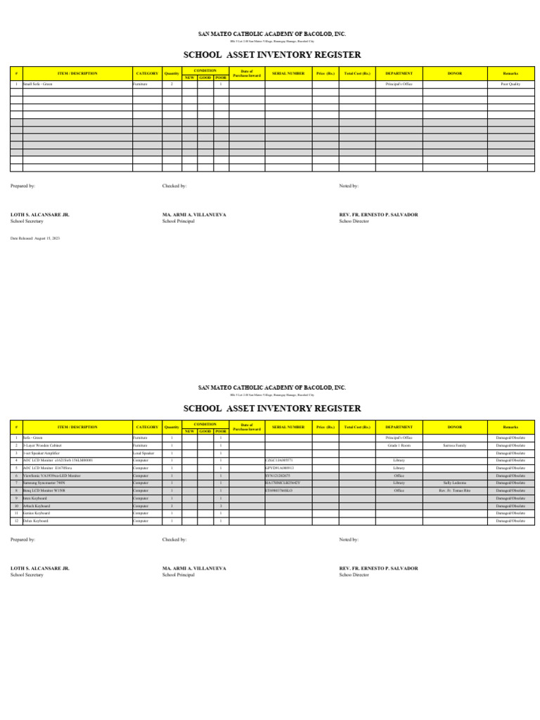 School Asset Inventory Register | PDF | Computing | Office Equipment