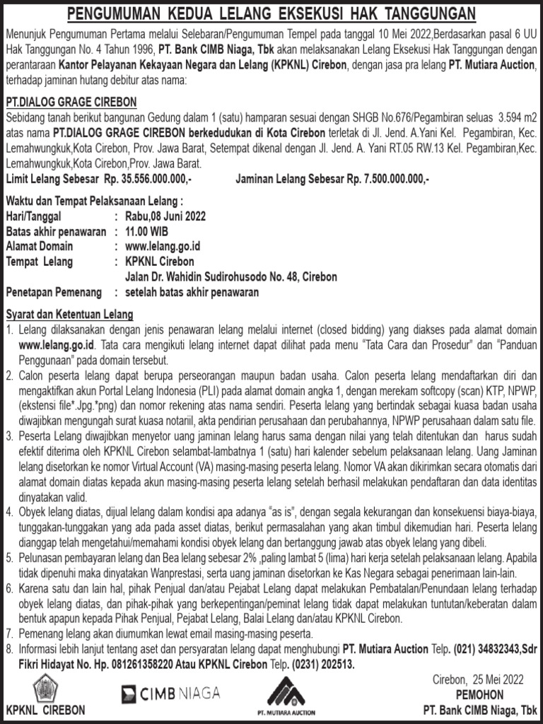 Lelang Eksekusi PT. Dialog Grage Cirebon | PDF