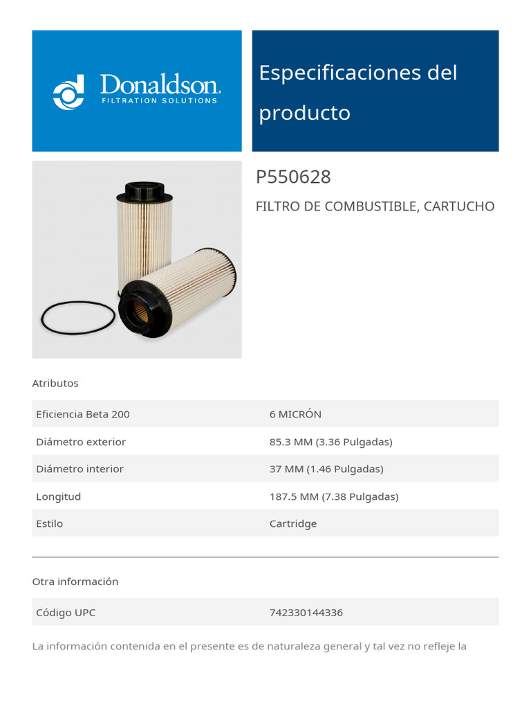 Filtro de Combustible Donaldson P550628 - Scania 1873018 | PDF