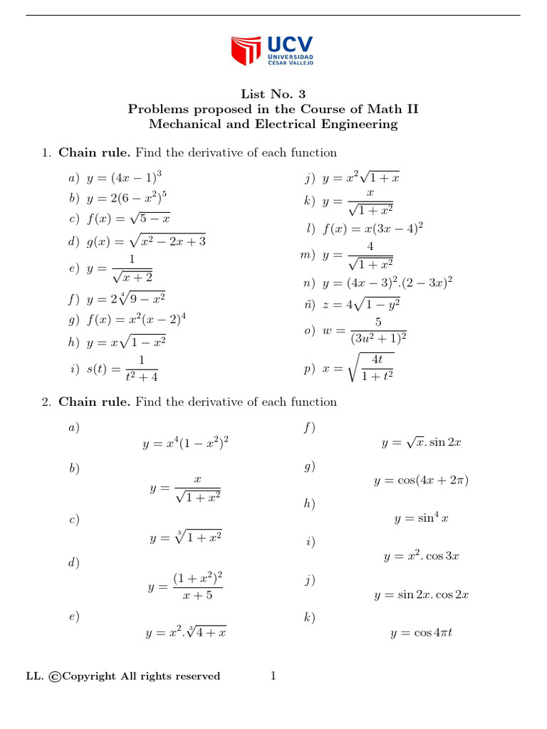 Derivative Problems for Math II Course | PDF