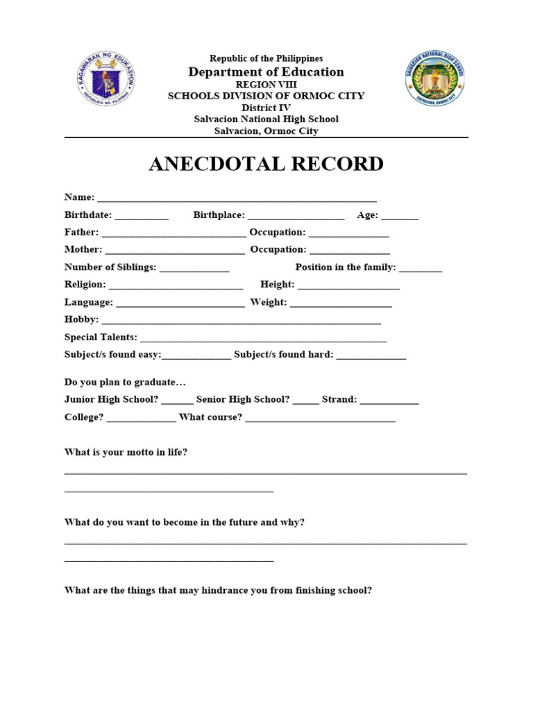 Anecdotal Record Template for Students | PDF