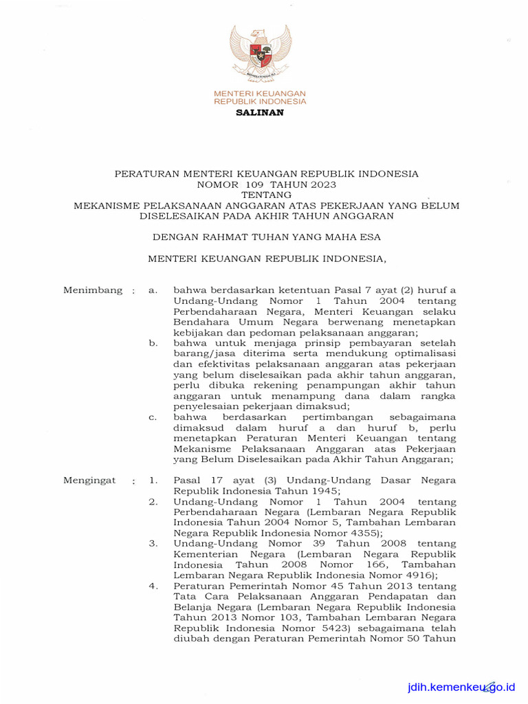 PMK 109 Tahun 2023 Mekanisme Pelaksanaan Anggaran Atas Pekerjaan Yang