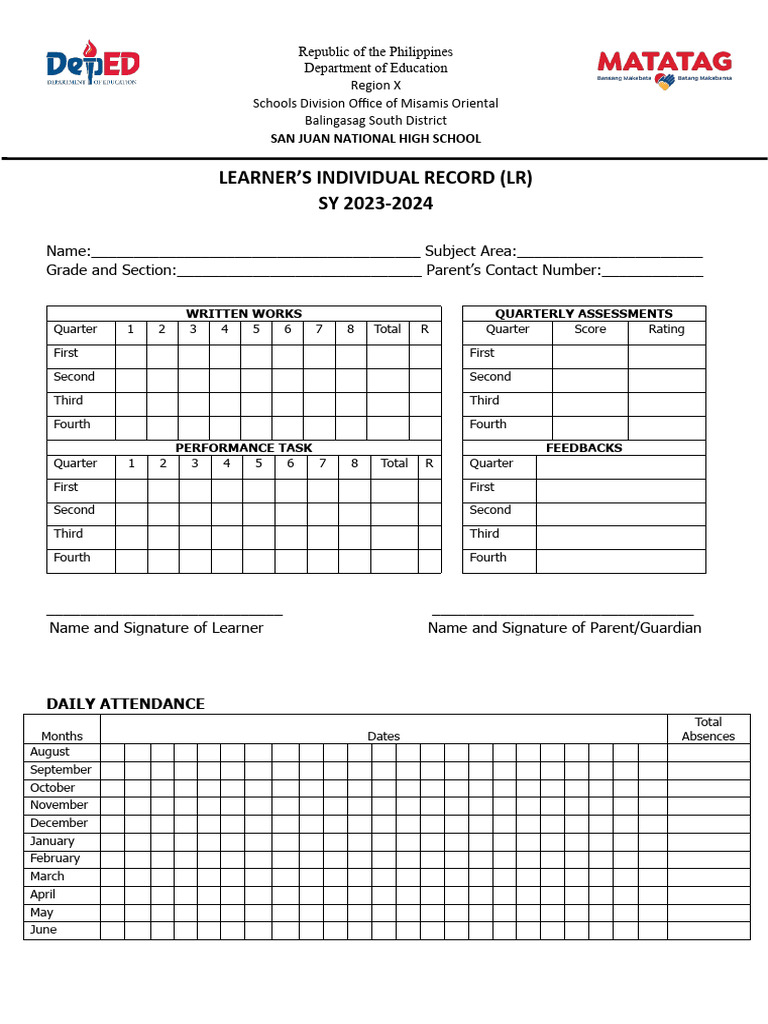 Learner's Individual Record SY 2023-2024 | PDF