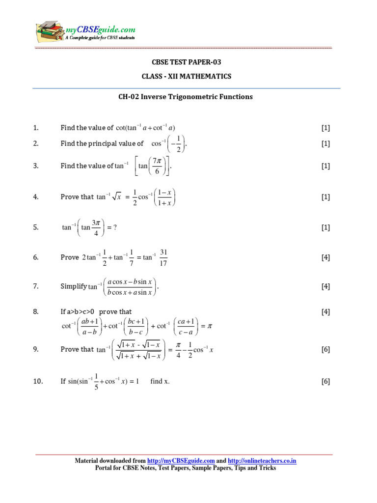12 Mathematics Ch02 Inverse Trigonometric Functions Test 03 QP PDF