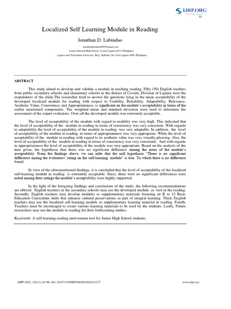 Localized Self Learning Module in Reading: Jonathan D. Labindao | PDF