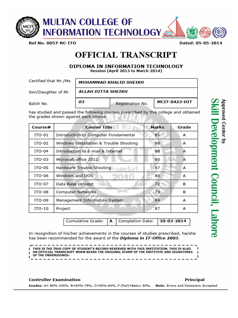 MCIT Diploma Transcript Summary | PDF