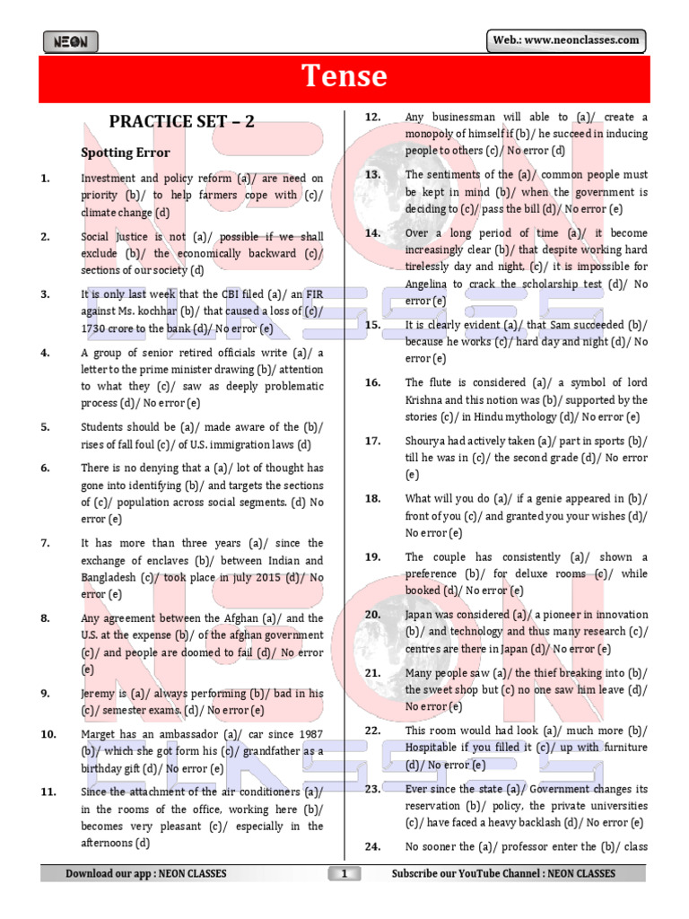 Tense Practice Set with Error Solutions | PDF