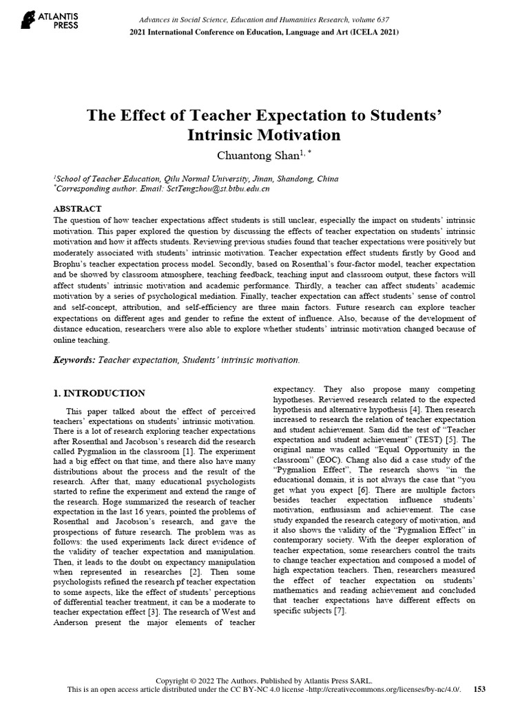 The Effect of Teacher Expectation To Students' Intrinsic Motivation | PDF