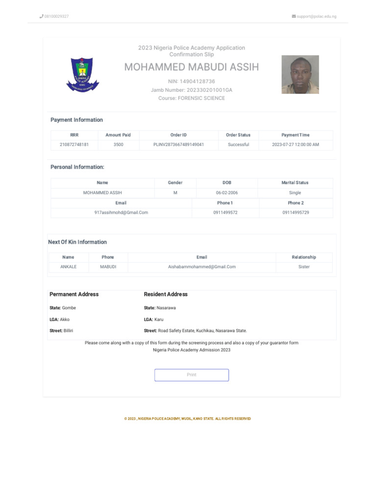 Nigeria Police Academy Admission Slip 2023 | PDF