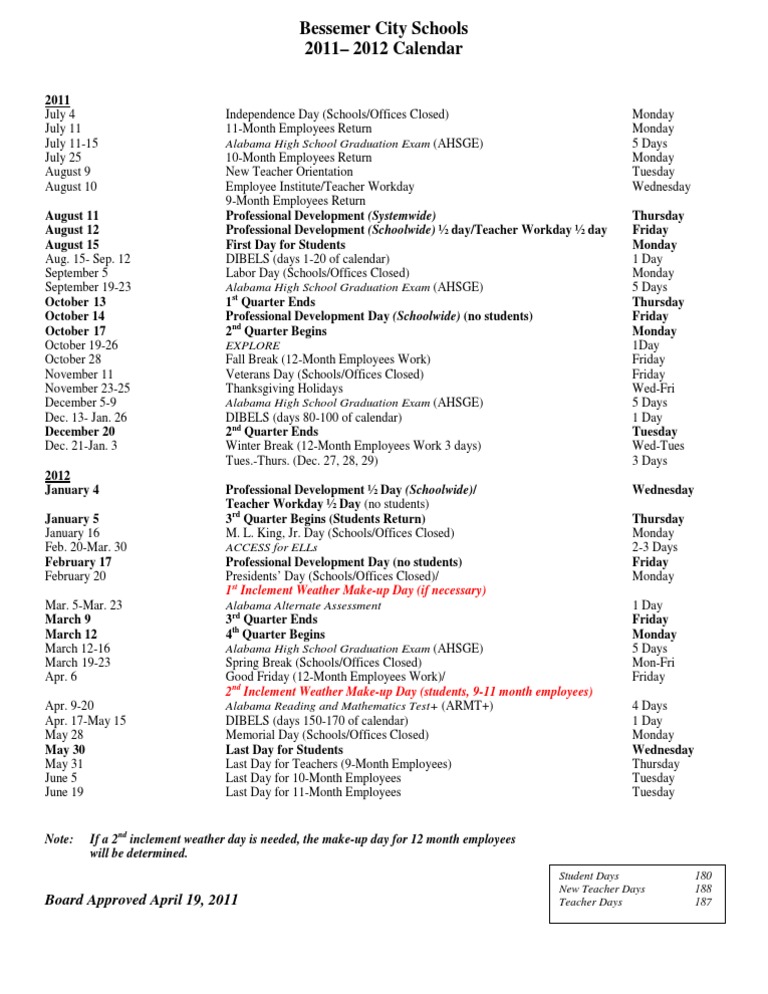 Bessemer City School 20112012 Calendar PDF