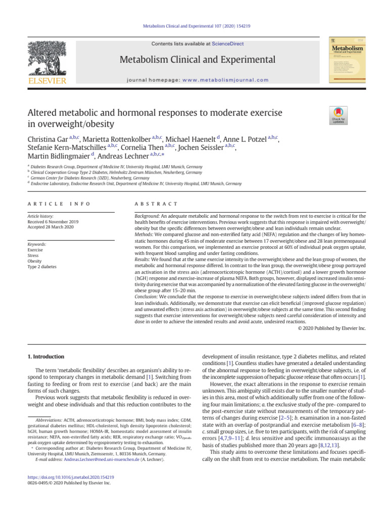 Metabolic Responses to Exercise in Obesity | PDF