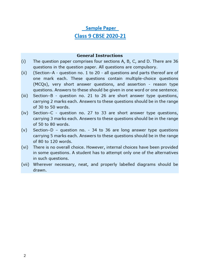 Class 9 CBSE 202021 Sample Paper PDF