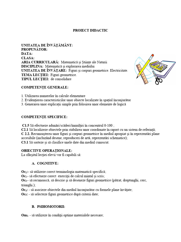 proiect didactic figuri geometrice clasa 2