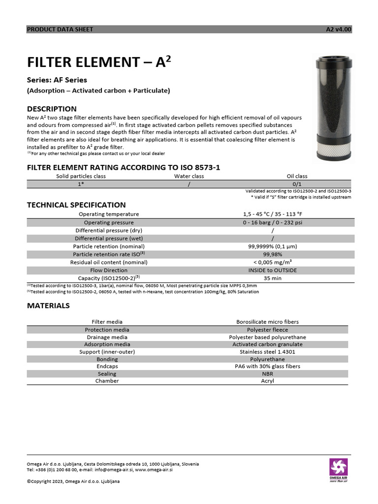 Omega Air Product Data Sheet Filter Element A2 v4.00 PDF