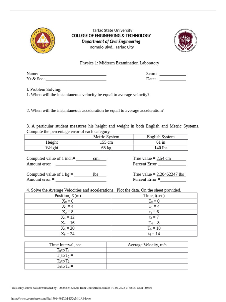 Physics 1 Midterm Lab Exam Guide | PDF