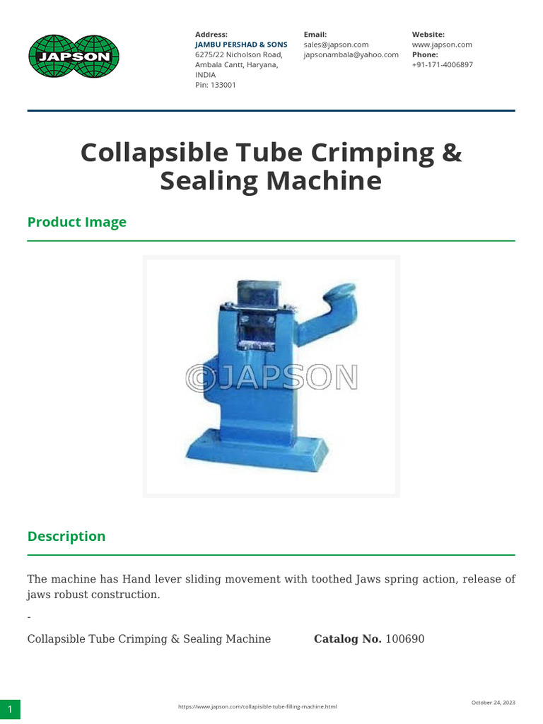 Collapsible Tube Crimping & Sealing Machine PDF