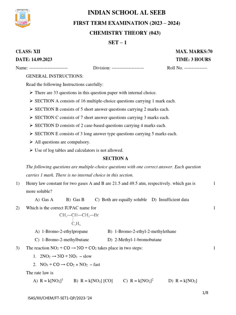 Xii Chemistry Set 1 Qp First Term Pdf Chemical Reactions