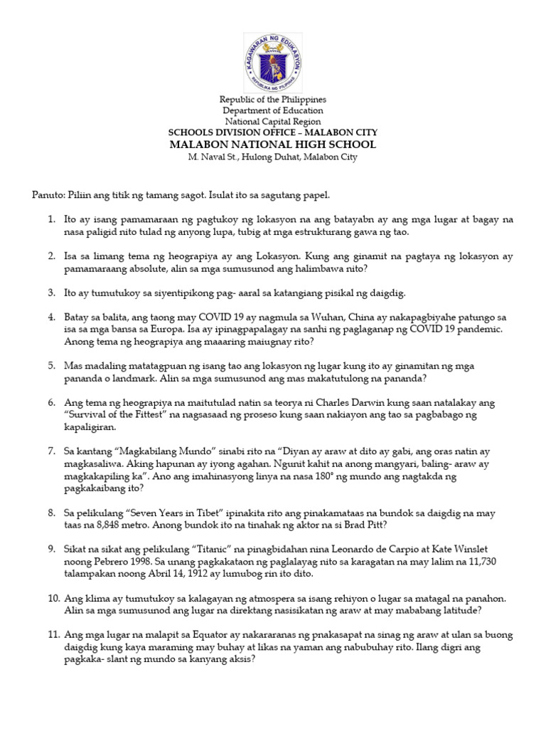 Reviewer Grade 8 1st Quarter Periodic Test 2022 2023 | PDF