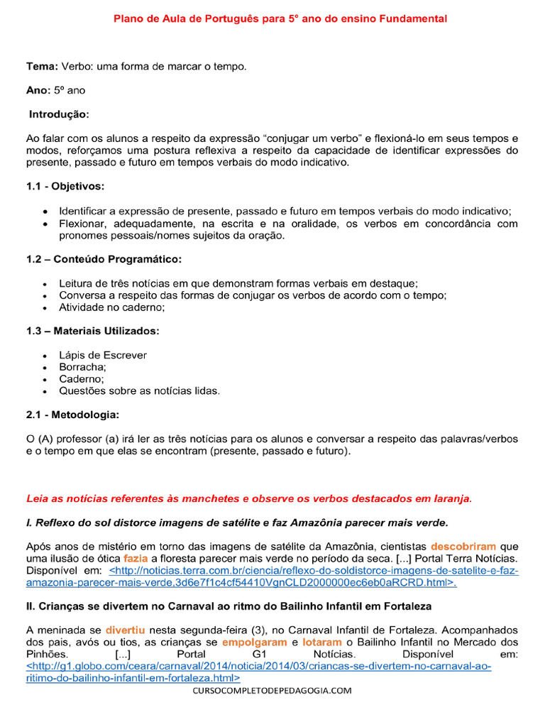Plano de Aula de Portugues para 5° Ano Do Ensino Fundamental | PDF