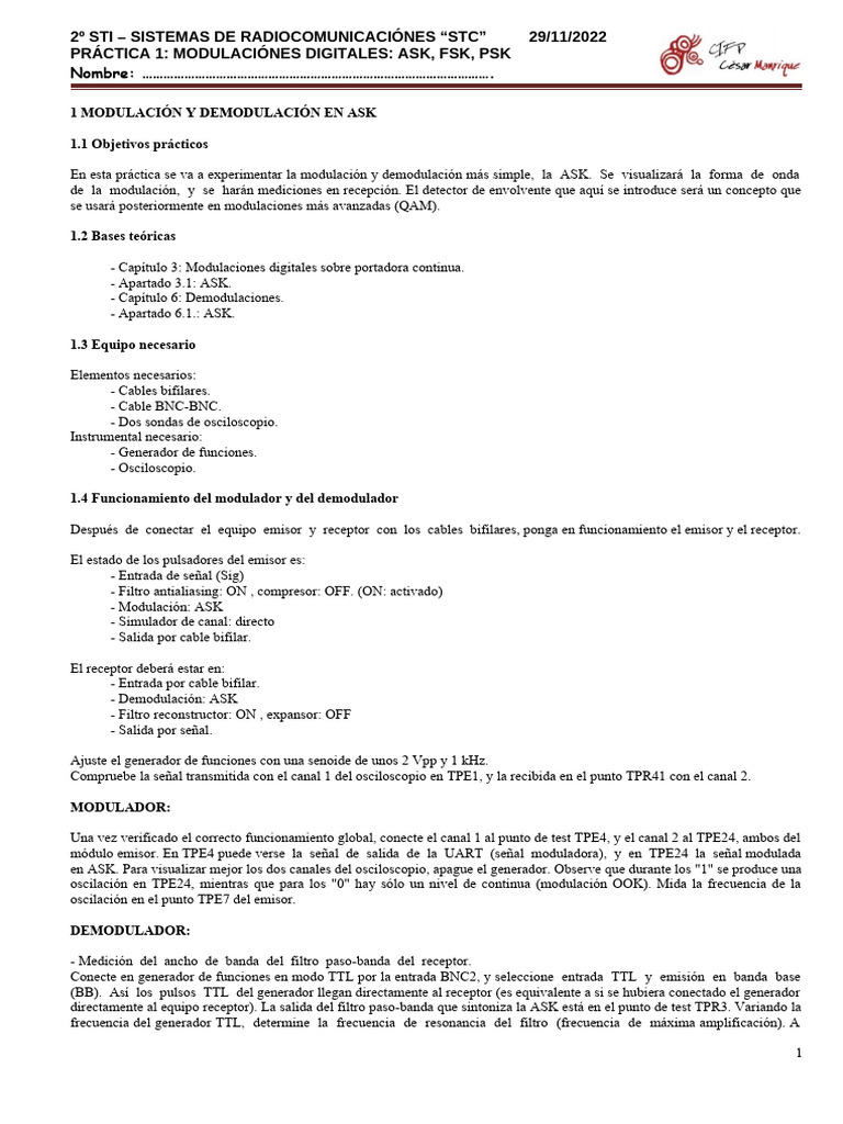 Práctica de Modulación Digital: ASK y FSK | PDF | Modulación | Filtro ...