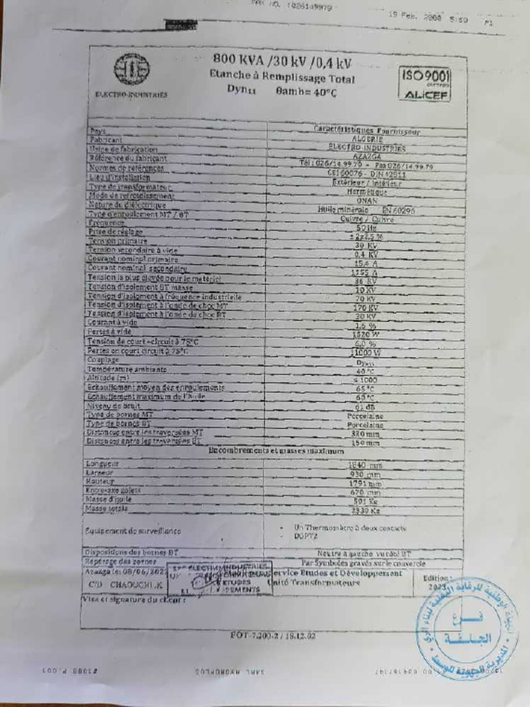 Transformateur AZAZGA 800 KVA Aprouve | PDF