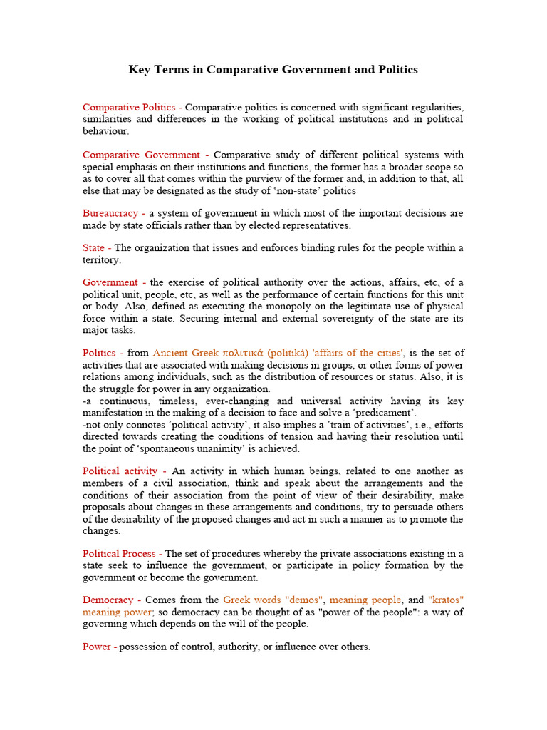 Key Terms in Comparative Government and Politics PDF
