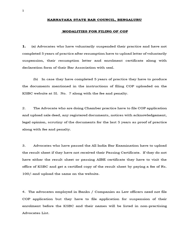 KSBC COP Filing Guidelines for Advocates | PDF