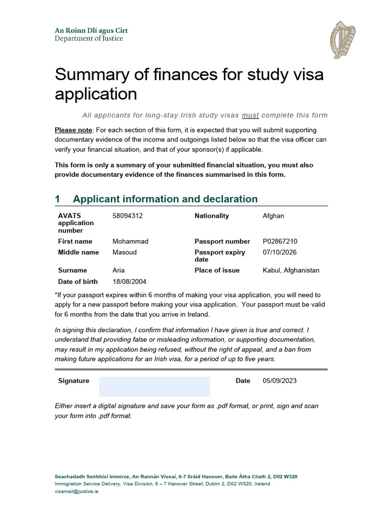 IRLstudyvisafinancialsummary Mohammad Masoud Aria PDF