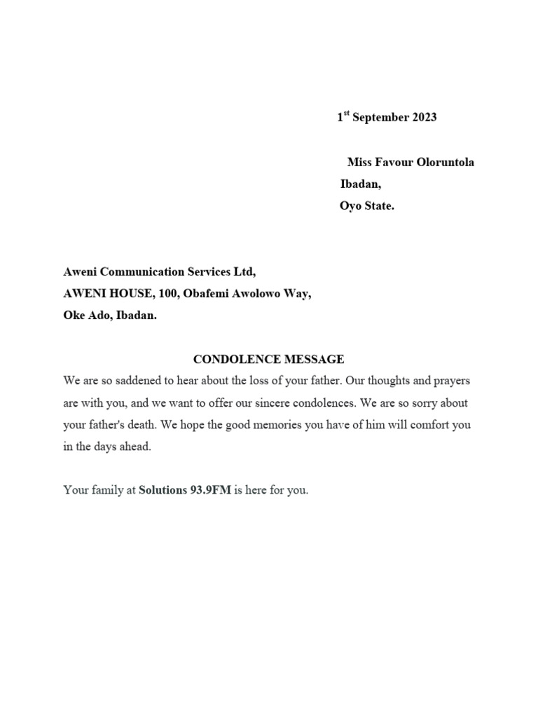 Condolence Message for Miss Oloruntola | PDF