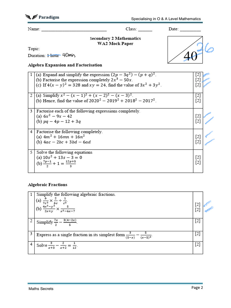 Secondary 2 Math WA2 Mock Paper | PDF | Equations | Algebra