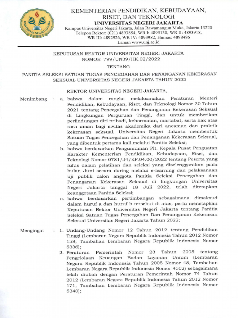 Keputusan Rektor-SK REKTOR NO 799 UN39 HK02 2022 TENTANG PANITIA ...
