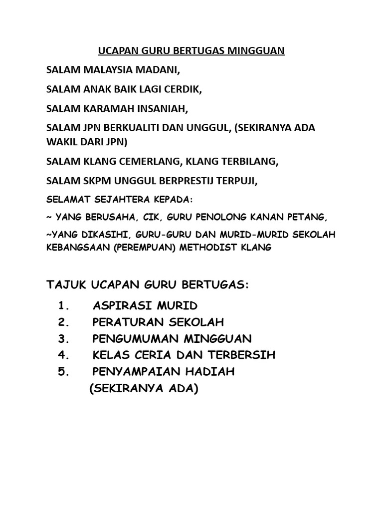 Ucapan Guru Bertugas Mingguan Pdf