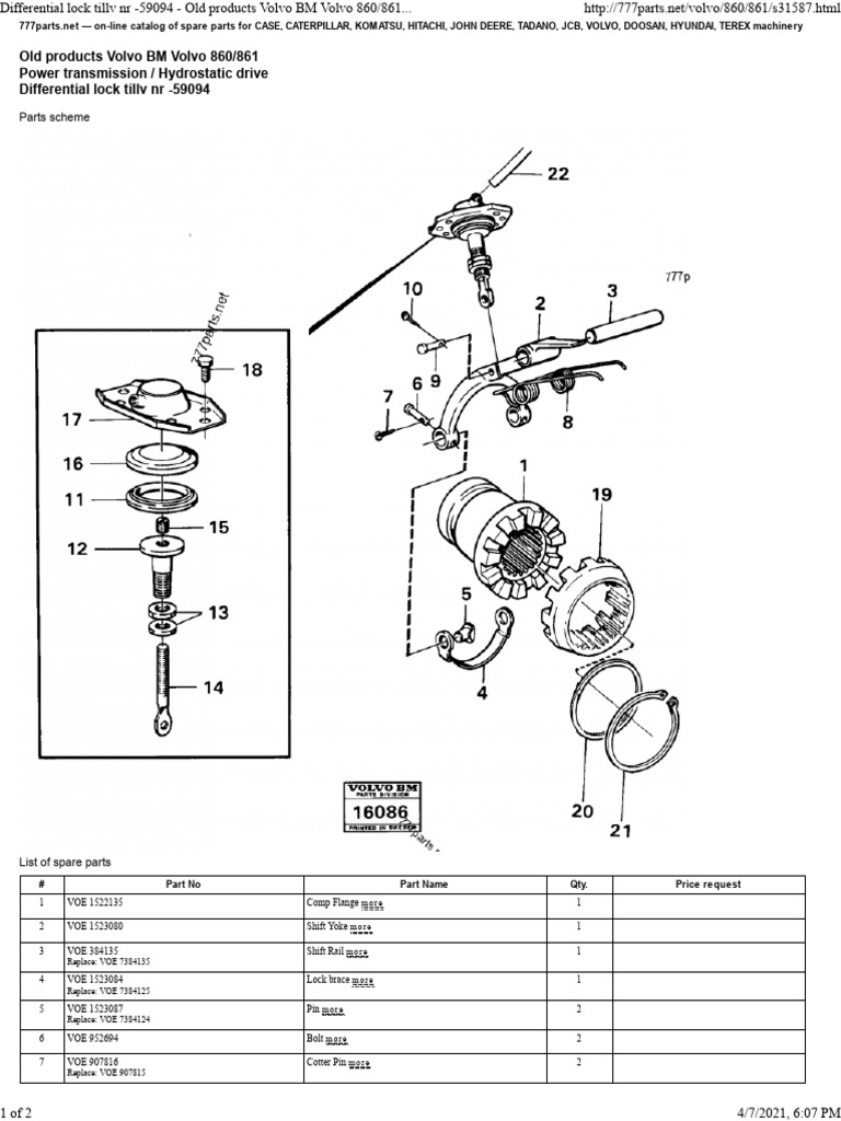 Differential Lock Tillv NR - 59094 - Old Products Volvo BM Volvo 860 ...