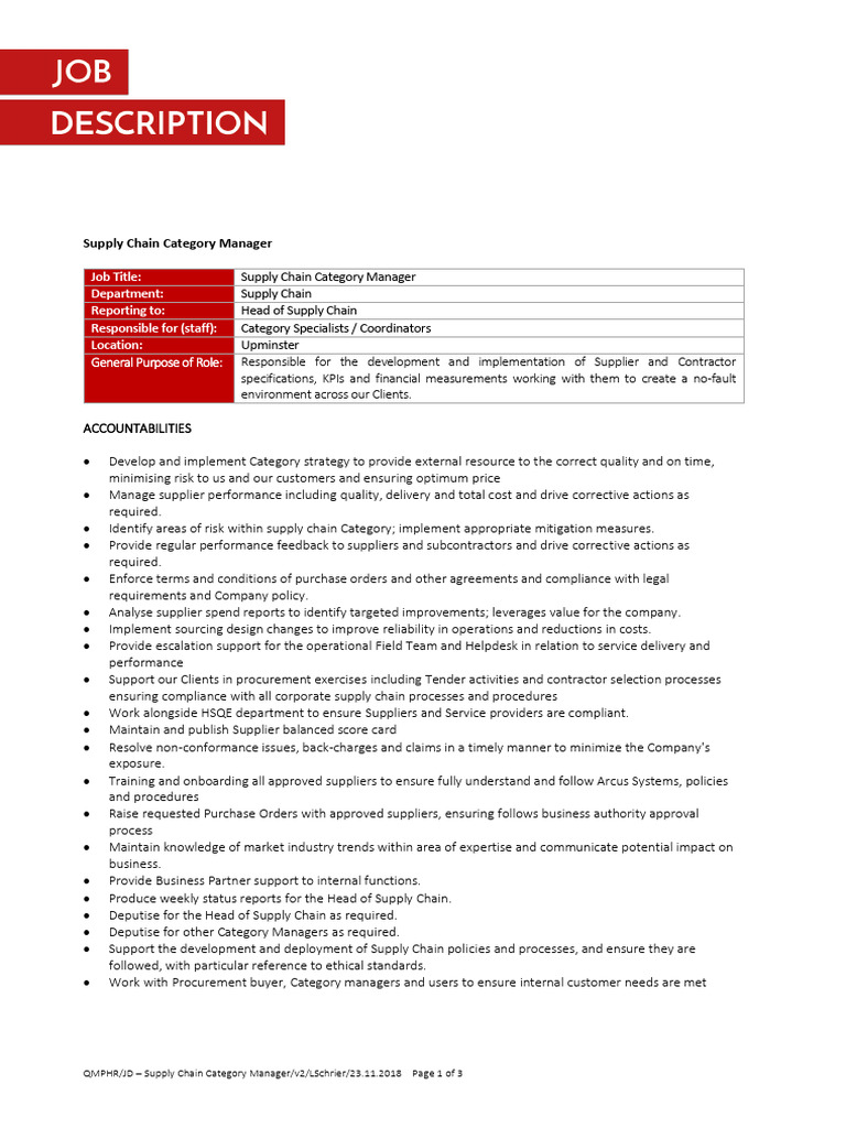 Supply Chain Category Manager Job Description PDF