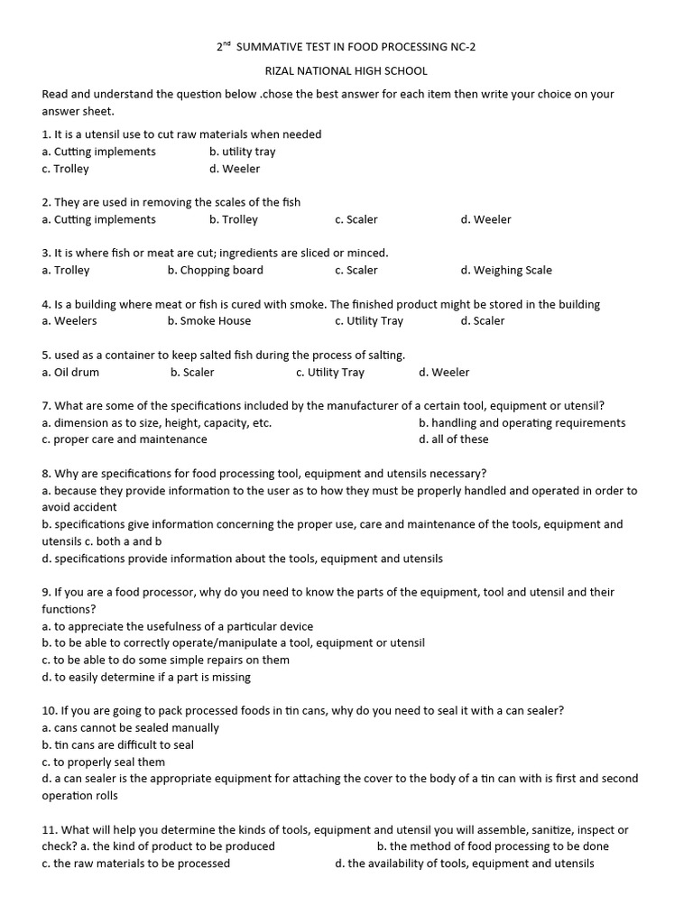 2nd SUMMATIVE TEST IN FOOD PROCESSING NC PDF