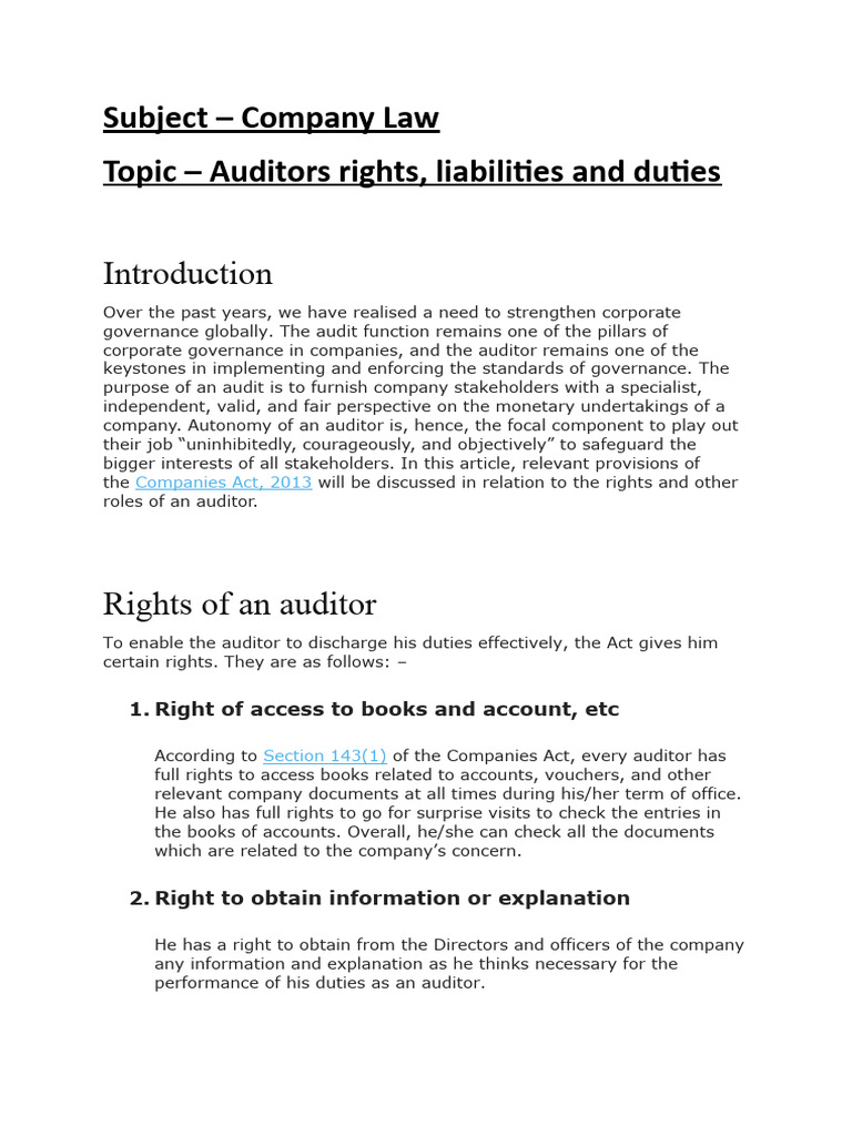 Company Law Auditors Rights, Liabilities and Duties PDF