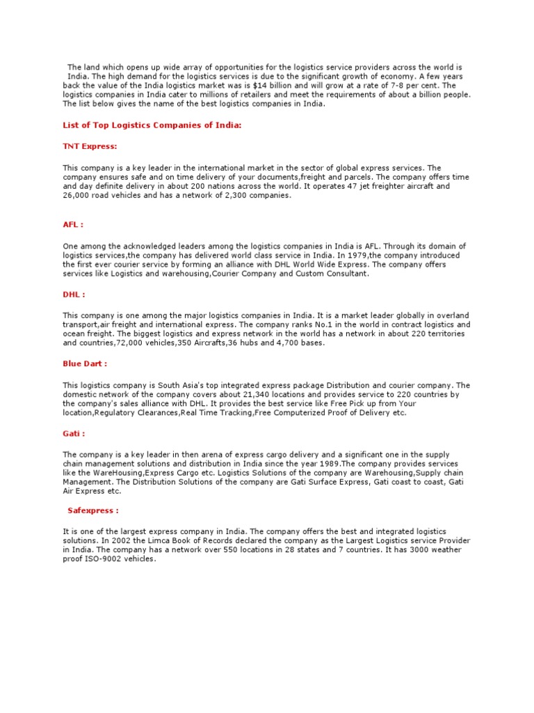 Top Logistics Companies in India | PDF | Courier | Delivery (Commerce)