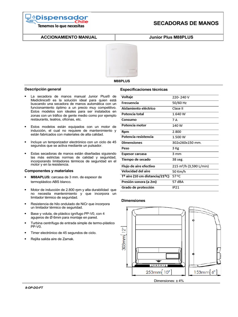 Ficha tecnica secador de manos manual cod m88plus pdf