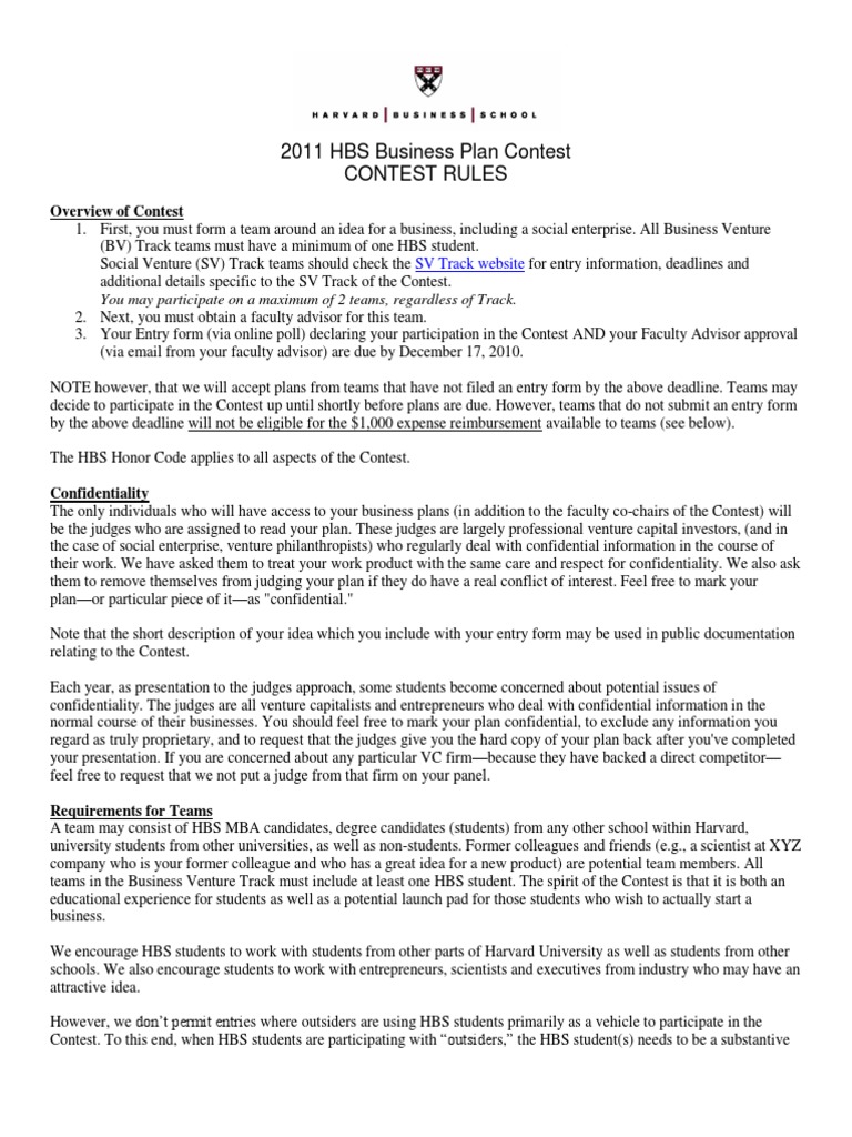 HBS 2011 Business Plan Contest Rules | PDF | Entrepreneurship | Mergers ...