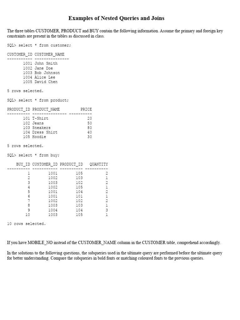 Examples of Nested Queries and Joins | PDF