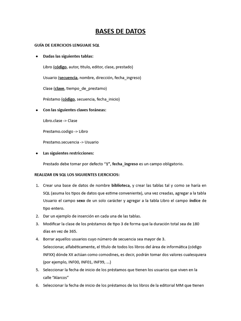 Ejercicios SQL para Bases de Datos en Biblioteca | PDF