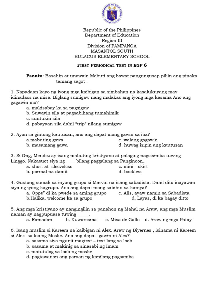 ESP 1st Periodical Test | PDF
