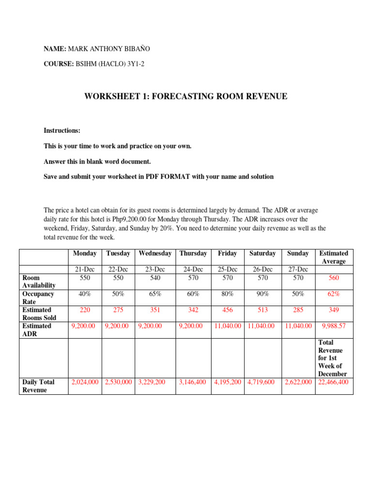 Hotel Revenue Forecast Exercise | PDF