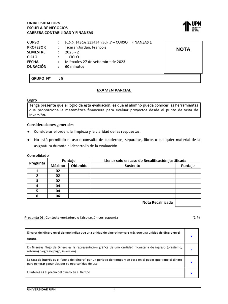 Examen Parcial Finanzas - Grupo5 | PDF