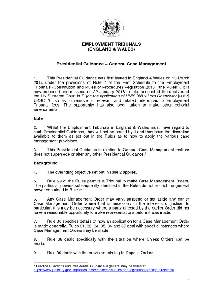 Employment Tribunal Case Management Guidance | PDF | Witness | Damages